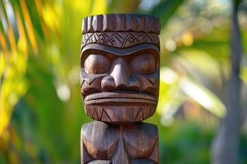 Poster - A detailed view of a carved wooden figurine with facial features, suitable for artistic or decorative use