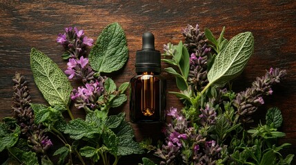 Herbal essential oil bottle on wooden background