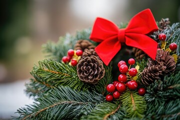 Poster - Close-up of a natural wreath made with pine cones, berries, and foliage