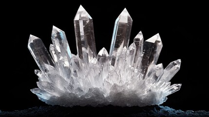 Poster - Clear crystals clustered together on the surface of a rock, ideal for use in designs about nature, geology or minerals
