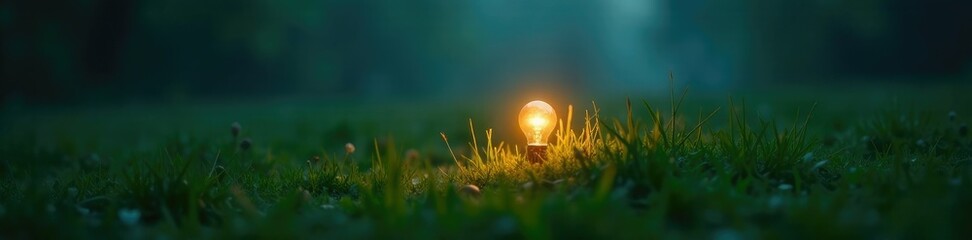 Wall Mural - A small light bulb shines through the grass, casting an eerie glow on the surrounding environment, grass, mysterious, atmosphere