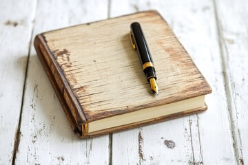 Poster - A pen resting on the cover of a wooden book