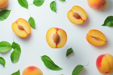 Poster - A still life image of peaches with leaves on a white surface
