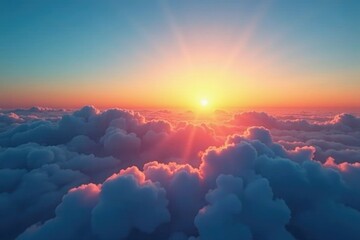 the sun rises above the clouds in a clear blue sky, dawn, bright