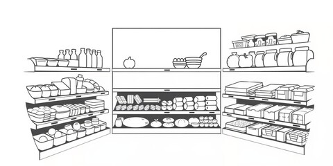 Grocery store shelves illustration in black and white sketch style, isolated vector graphic, food, white, black