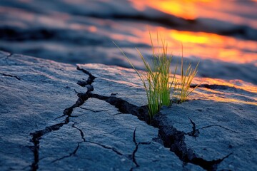 Wall Mural - Small plant growing from a crack in the ground, symbolizing resilience and new life