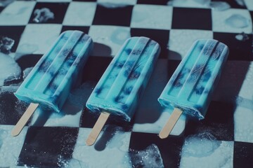 Wall Mural - Three colorful ice lollies sitting on a checkered table, perfect for summer events or parties