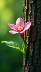 Wall Mural - the delicate shape of a jambo flower contrasts with the rough bark of a tree, nature, blossoms