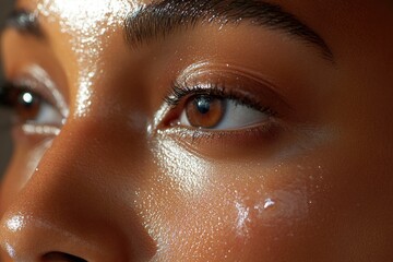 Poster - A close-up of a woman's face with water droplets or tears, suitable for use in various contexts such as emotional scenes or beauty products