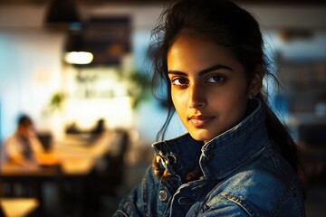 Poster - a woman wearing a denim jacket sits at a table, possibly working or studying