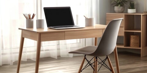 Poster - A laptop computer sits on top of a wooden desk, ready for use