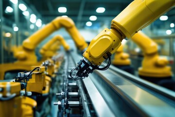 Poster - Robots move along a conveyor belt in an industrial setting, showcasing automation and manufacturing technology