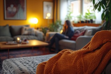 Poster - A person sits on a couch in a cozy living room