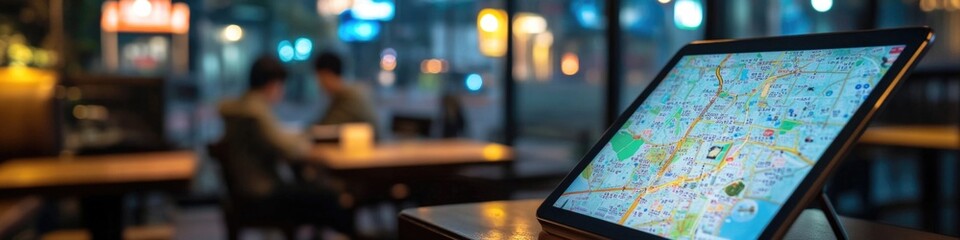 Poster - A tablet computer placed on a wooden table