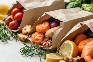 Wall Mural - A selection of fruits and vegetables packed in paper bags