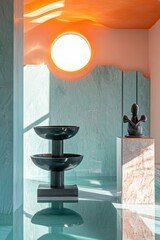 Poster - Modern teal spa fountain, sculpture, sunset