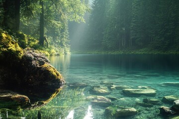 Poster - A serene lake surrounded by lush trees and rocks