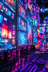 Poster - a row of computer monitors sitting on a desk, great for office or workstation illustration