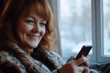Poster - A woman smiles as she looks at her smartphone