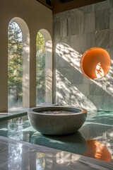 Wall Mural - Tranquil spa pool, sunlight, marble walls, forest view, relaxation