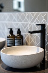 Poster - A bathroom sink with a black faucet next to it, often used in interior design, home decor, and lifestyle photography