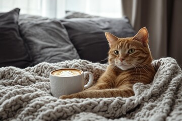 Aufkleber - A domestic cat lies down beside a cup of coffee, a cozy scene for relaxation