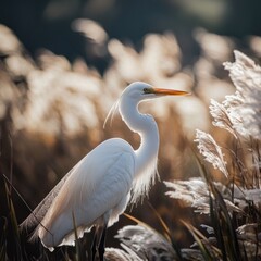 Poster - A white bird perched in a lush field of tall grass