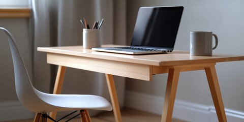 Poster - a laptop computer sitting on a wooden desk, ready for use