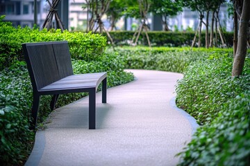 Aufkleber - A wooden bench sits in the middle of a green park, perfect for relaxation or contemplation