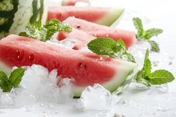Leinwandbilder - Fresh watermelon slices served on a bed of ice with fragrant mint leaves, perfect for a summer snack or garnish