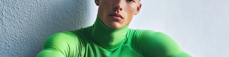 A person posing in front of a camera wearing a green turtle neck shirt