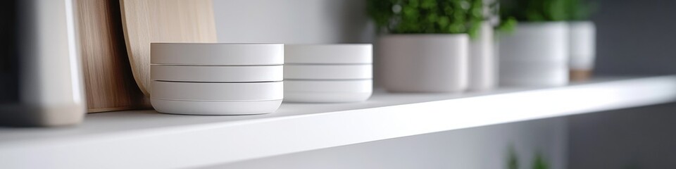 Poster - Row of white ceramic pots on a shelf, ready for use