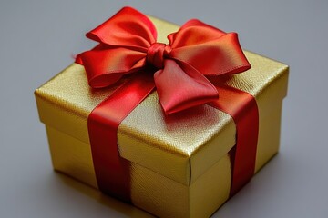 Poster - A luxurious gold gift box wrapped with a red ribbon, perfect for special occasions