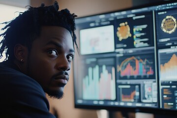 Poster - A person sitting in front of a computer screen with a contemplative expression