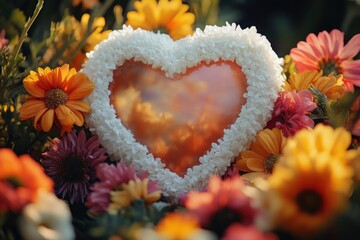 Poster - A heart-shaped cake surrounded by fresh flowers, perfect for romantic occasions or special celebrations