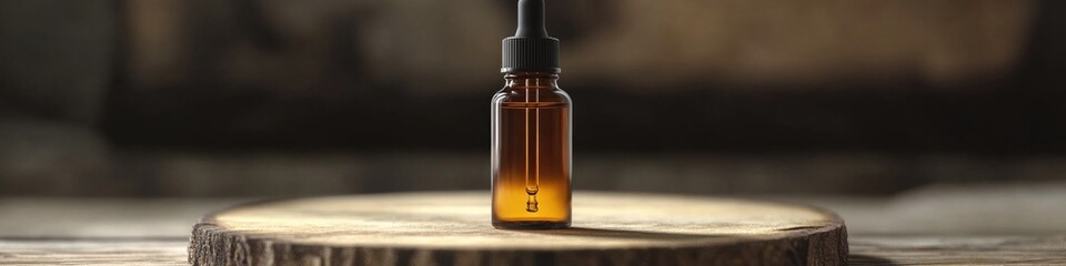 Aufkleber - A bottle of essential oil placed on a wooden table, ideal for use in lifestyle and wellness photography