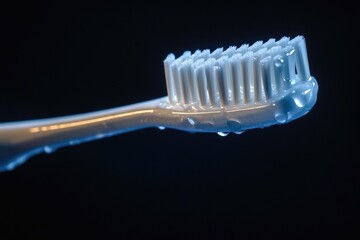 Poster - A close-up shot of a toothbrush with water droplets on the bristles, great for use in health and wellness related contexts