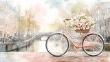 Bicycle with flower basket parked in front of a canal