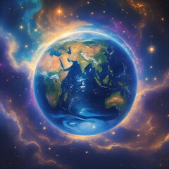 Wall Mural - The text describes a stunning celestial display that showcases the breathtaking beauty of Earth surrounded by vibrant cosmic colors.