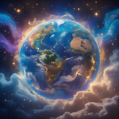 Wall Mural - The text describes a stunning celestial display that showcases the breathtaking beauty of Earth surrounded by vibrant cosmic colors.