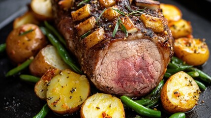Poster - Freshly cooked meal of meat, potatoes, and green beans on plate
