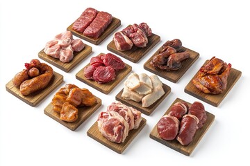 Poster - Assorted meats displayed on wooden trays on a white background, suitable for food photography or culinary use