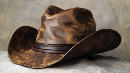 Poster - A brown cowboy hat sits on top of a table, ready for use