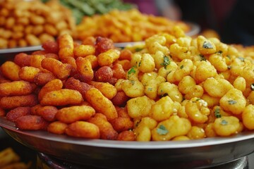 Poster - A pile of food sits on top of a metal tray, ready for serving or transportation