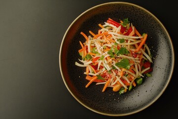 Poster - Fresh carrot and parsley salad arranged on a black plate, perfect for a simple yet healthy meal or as a garnish