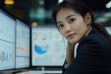 Wall Mural - A person sitting at a desk with two computer screens, focused on work