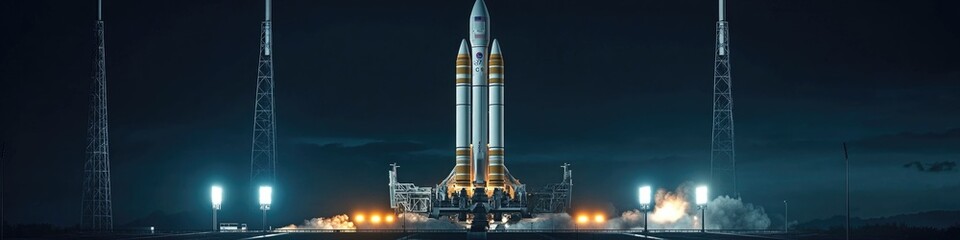 Poster - A rocket standing still on the ground under the stars at night