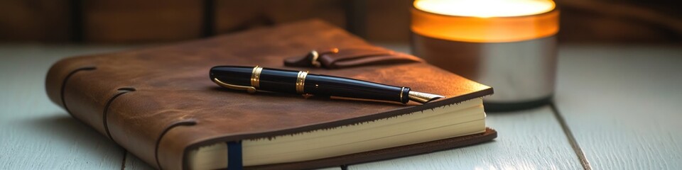 Poster - A pen rests on top of a book next to a soft candle flame, creating a warm and inviting atmosphere