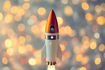 Poster - A toy rocket sits on a table, ready for blast off