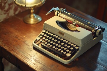 Poster - A vintage typewriter sits on a wooden table next to a lamp, perfect for writing or as a decorative piece